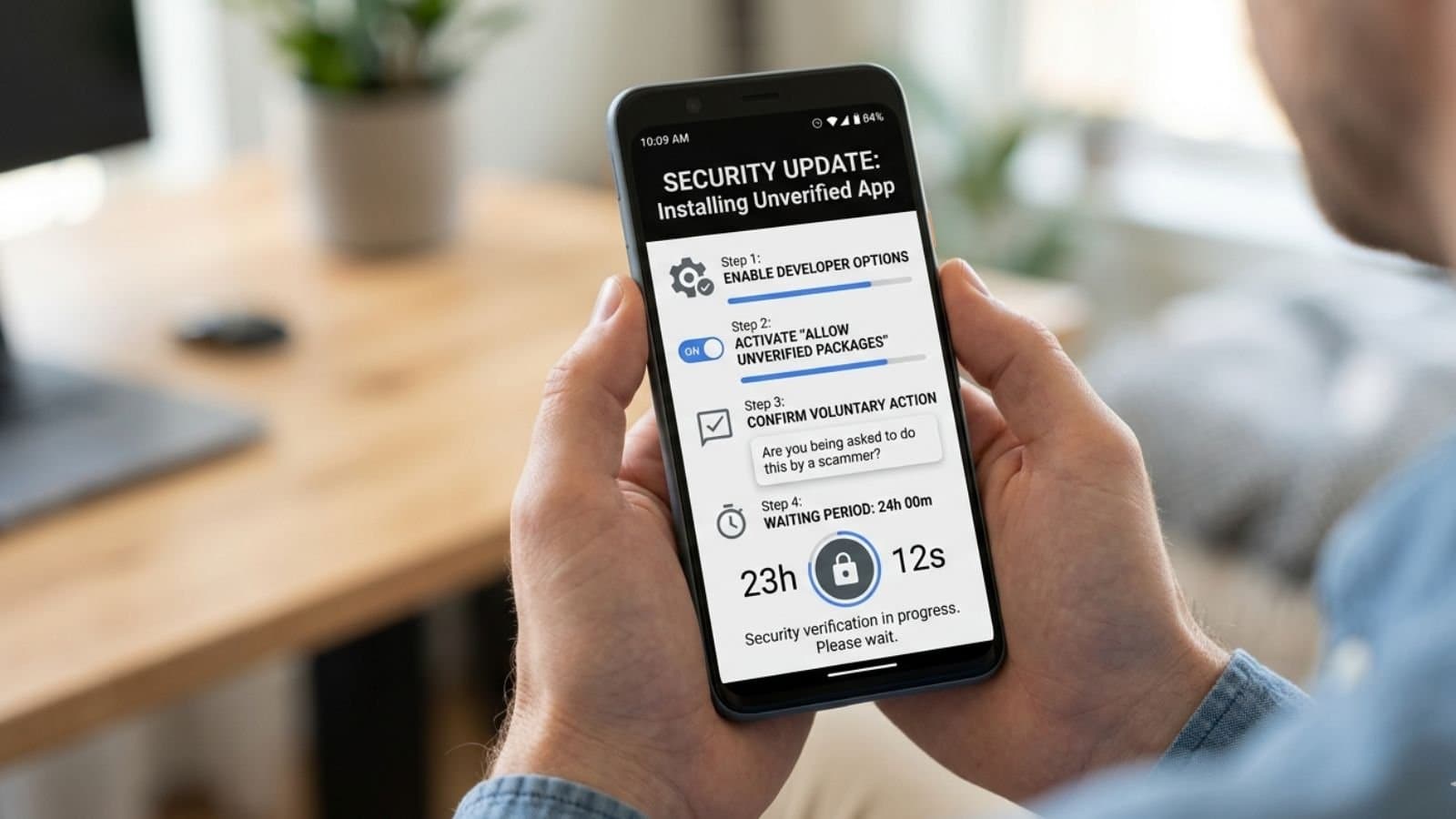 Close-up of a person holding an Android smartphone showing the new 'Advanced Flow' security installation process with a 24-hour waiting period countdown and developer settings prompts.