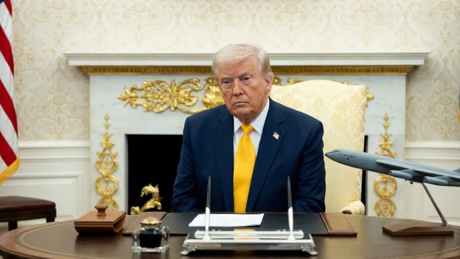 U.S. President Donald Trump at a desk in the White House with a military aircraft model, representing the March 20, 2026, announcement regarding the potential winding down of military operations against Iran while maintaining a strategy to reopen the Strait of Hormuz.